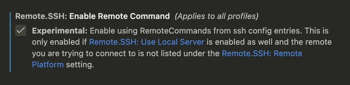 A screenshot showing a setting in Visual Studio Code of the 'Enable Remote Command' checkbox in an enabled state.